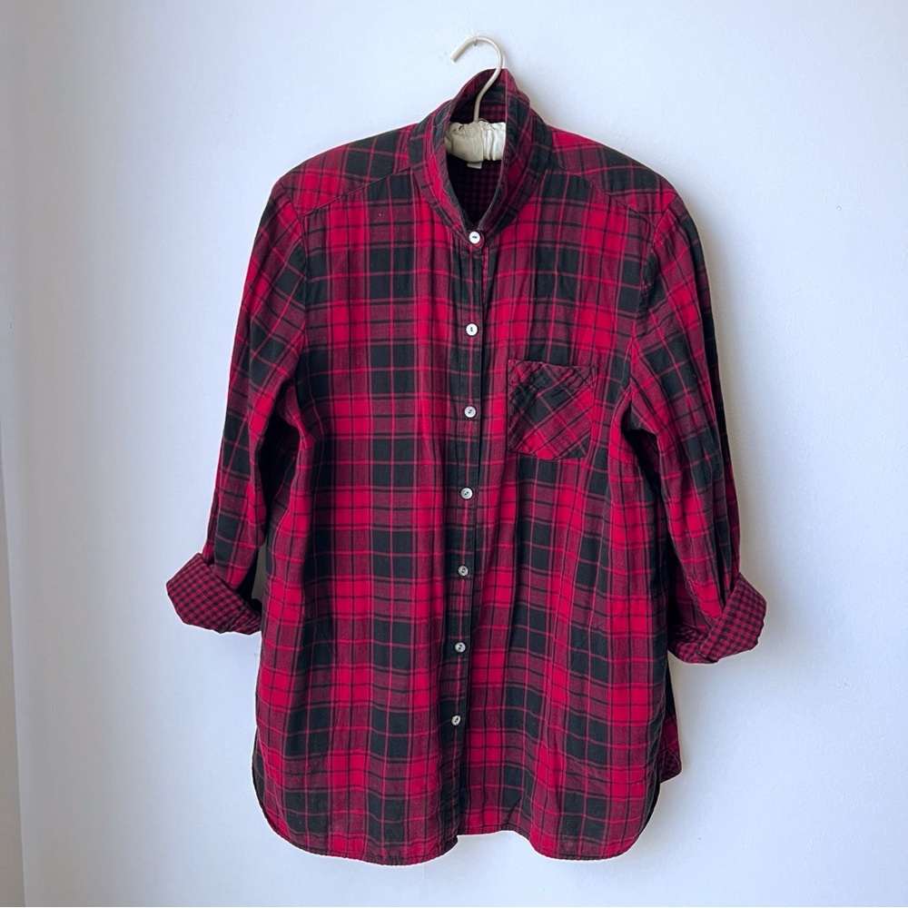 J. Jill 100% Cotton Buffalo Plaid Button Front Tunic Shirt with Side Pockets L